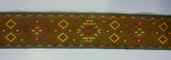 Luxe geweven band 50mm (12 m), Bruin/goud-rood-groen motief